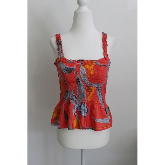 Patrons of Peace Tops - Patrons of Peace Women's Coral Tropical Floral Smocked Peplum Tank Top Medium